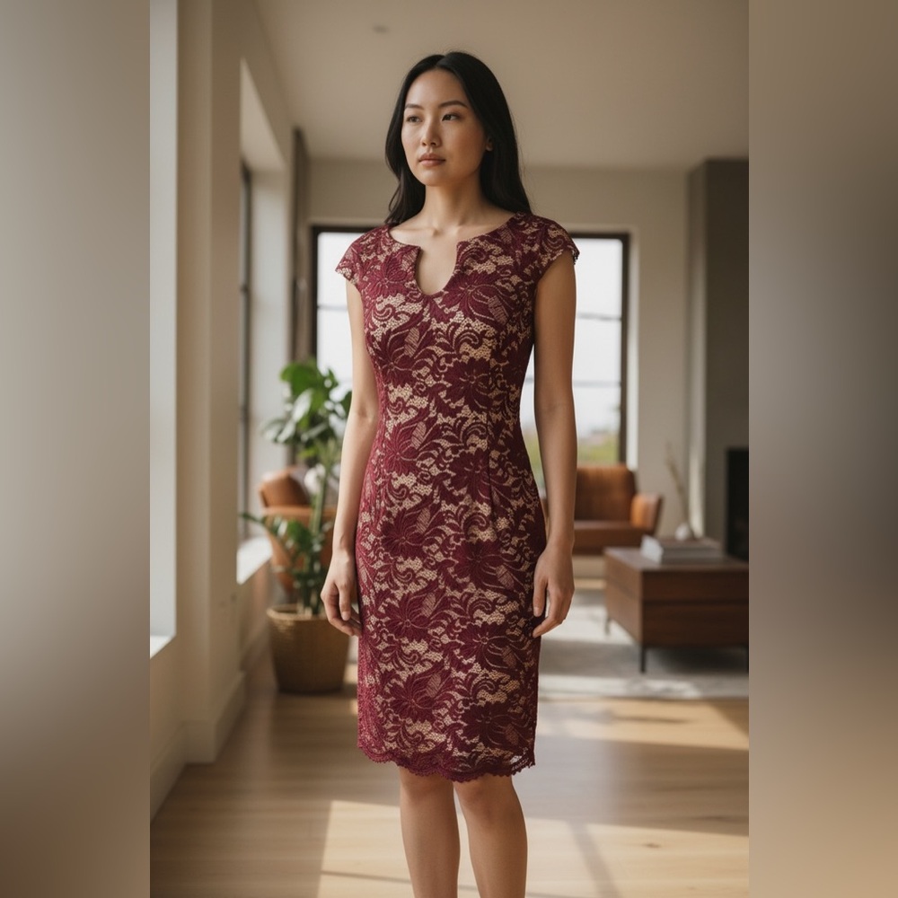 Luxology Burgundy Lace Midi Dress Size L